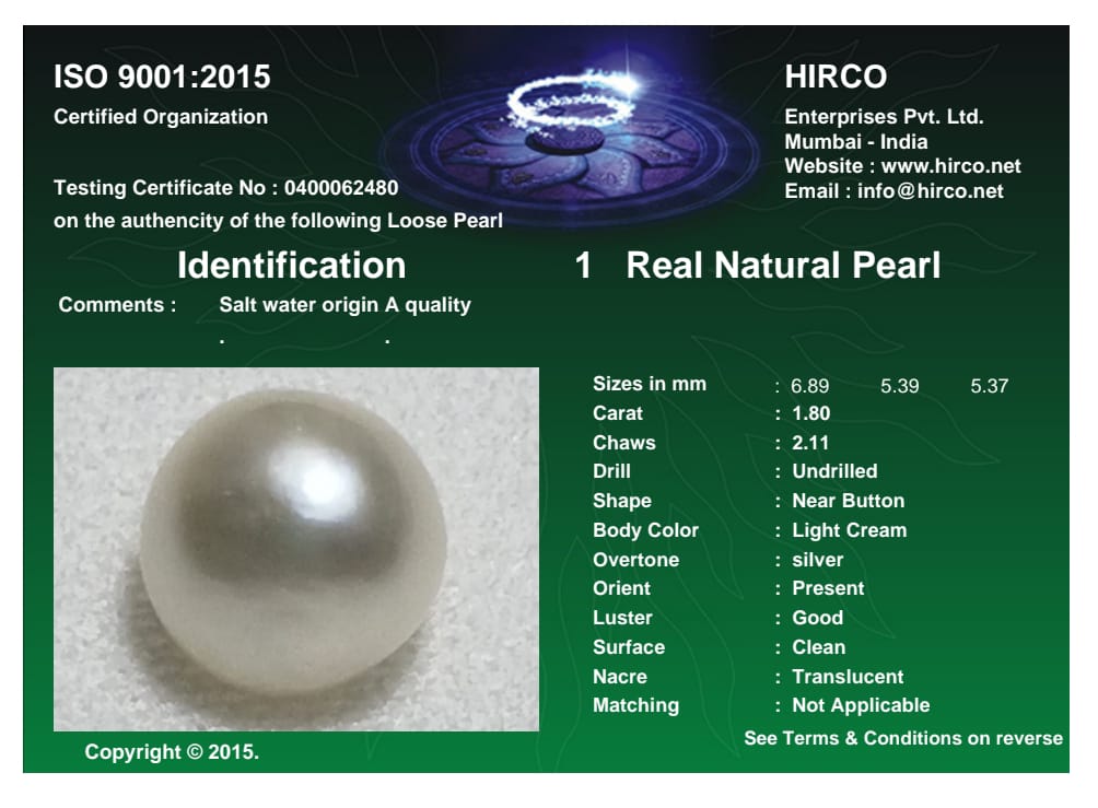 Real Natural Pearl 1.80 Carat Danat Lab Certified 133892/ Hirco Certificate No: 0400062480