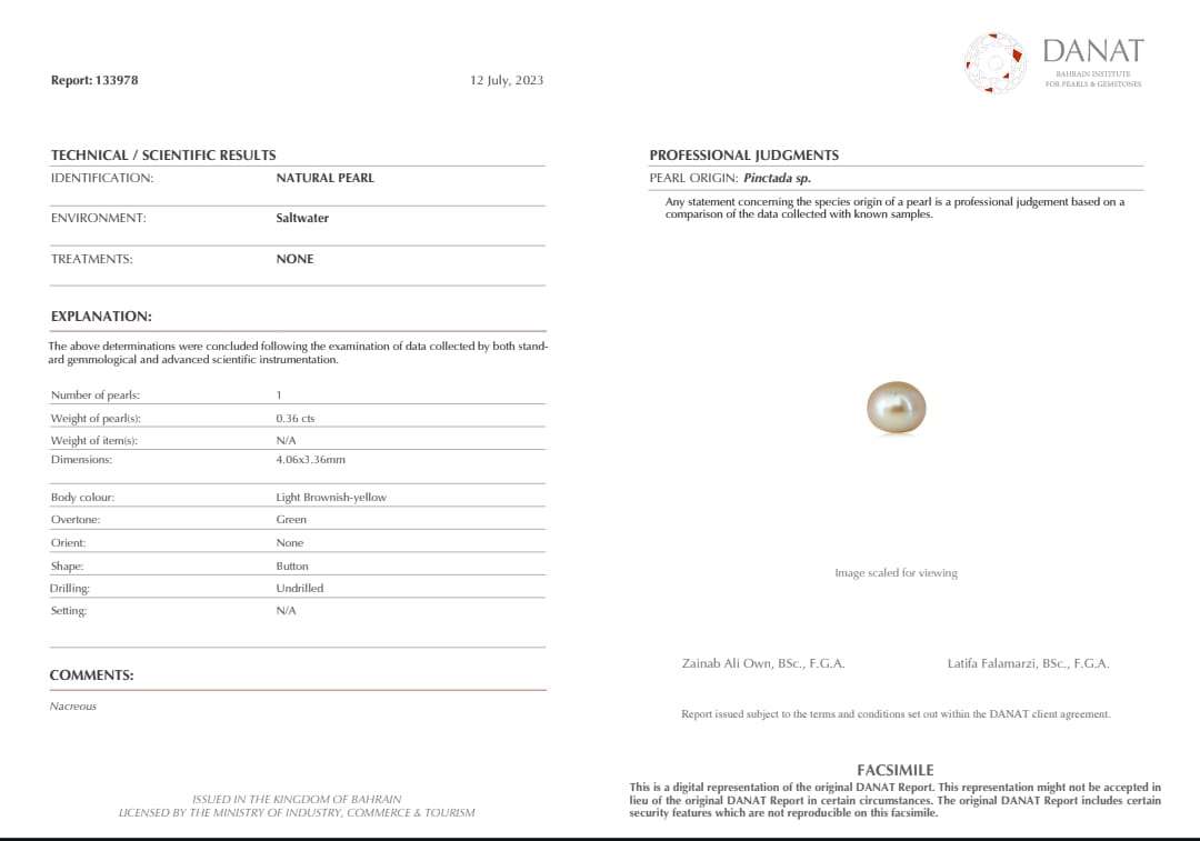 Real Natural Pearl 0.36 Carat Danat Lab Certified 133978/ Hirco Certificate No: 0500082436
