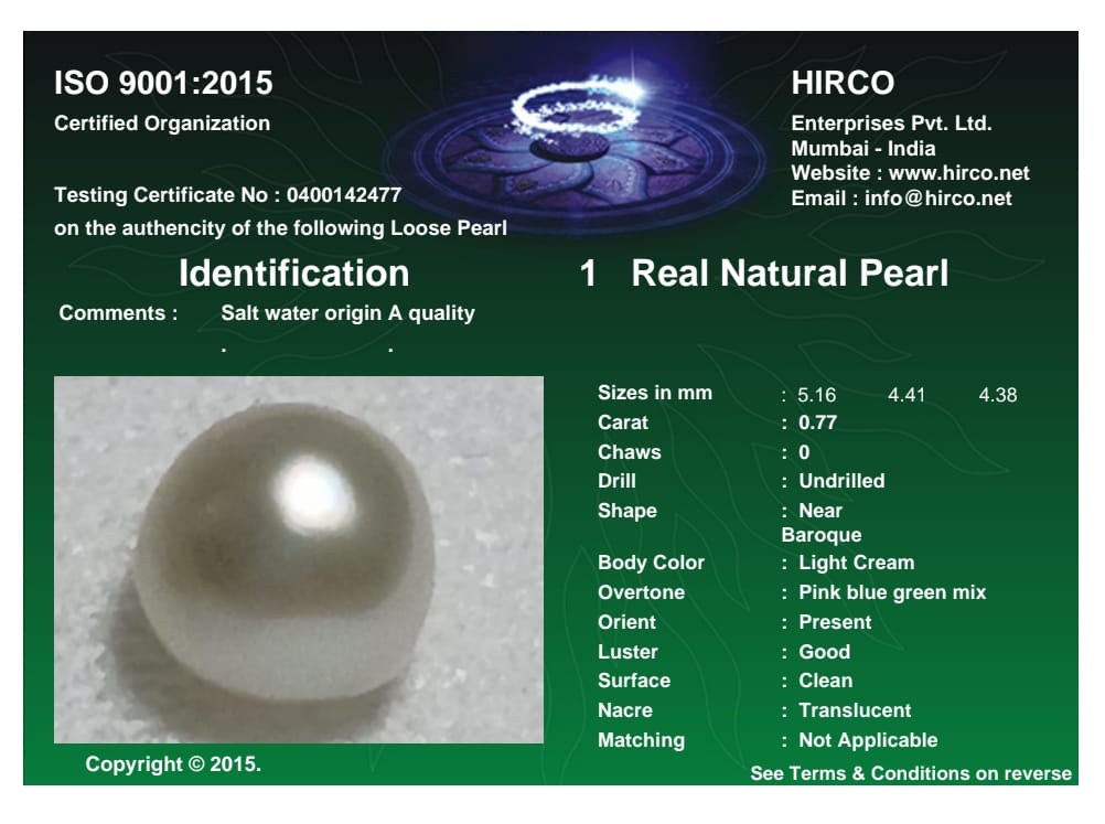 Real Natural Pearl 0.77 Carat Danat Lab Certified 133886/ Hirco Certificate No: 0400142477