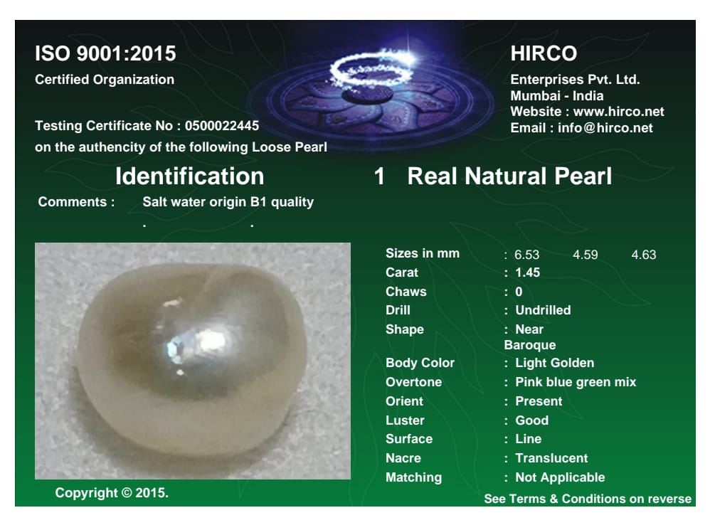 Real Natural Pearl 1.45 Carat Danat Lab Certified 133787/ Hirco Certificate No: 0500022445