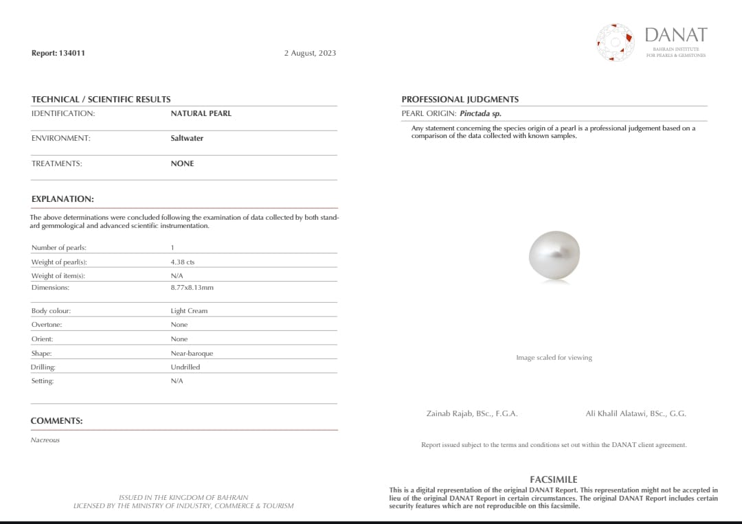 Real Natural Pearl 4.38 Carat Danat Lab Certified 134011/ Hirco Certificate No: 0500192438