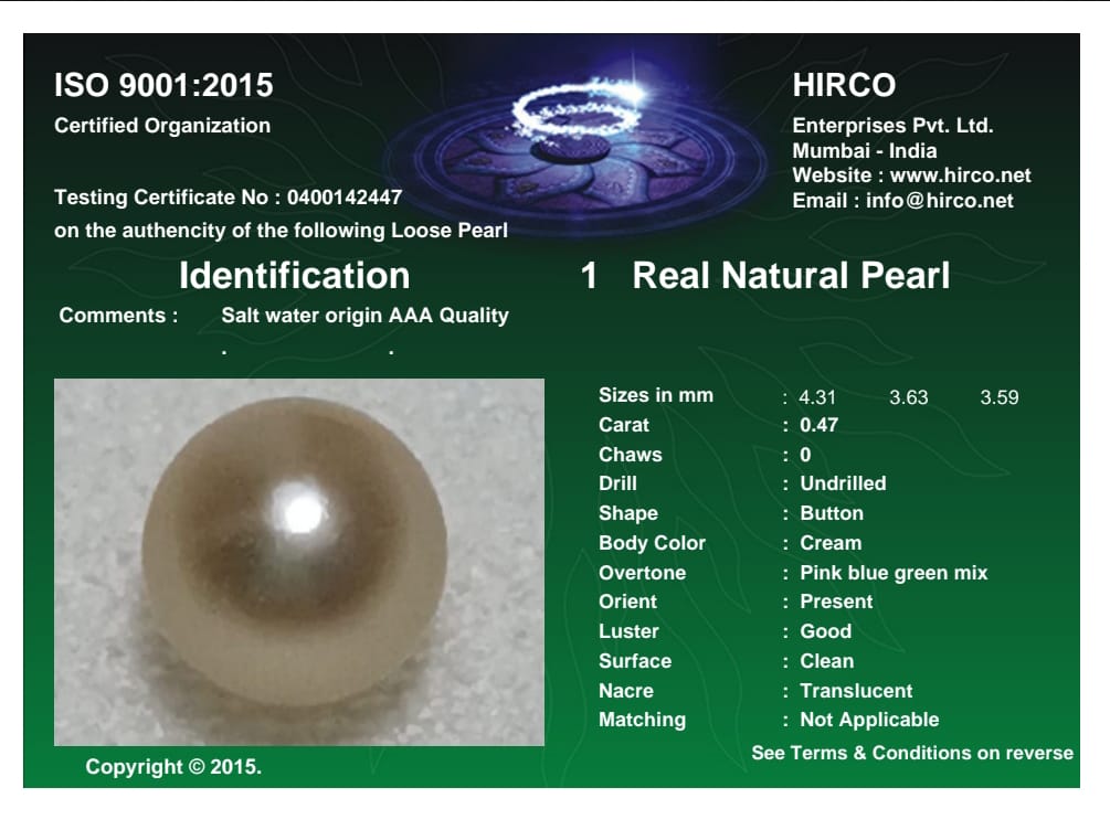 Real Natural Pearl 0.47 Carat Danat Lab Certified 133974/ Hirco Certificate No: 0400142447