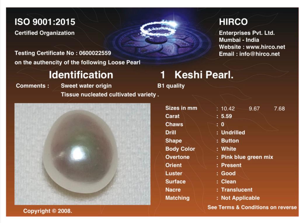 Keshi Pearl Sweet Water Origin 5.59 Carat Hirco Lab Certified 0600022559