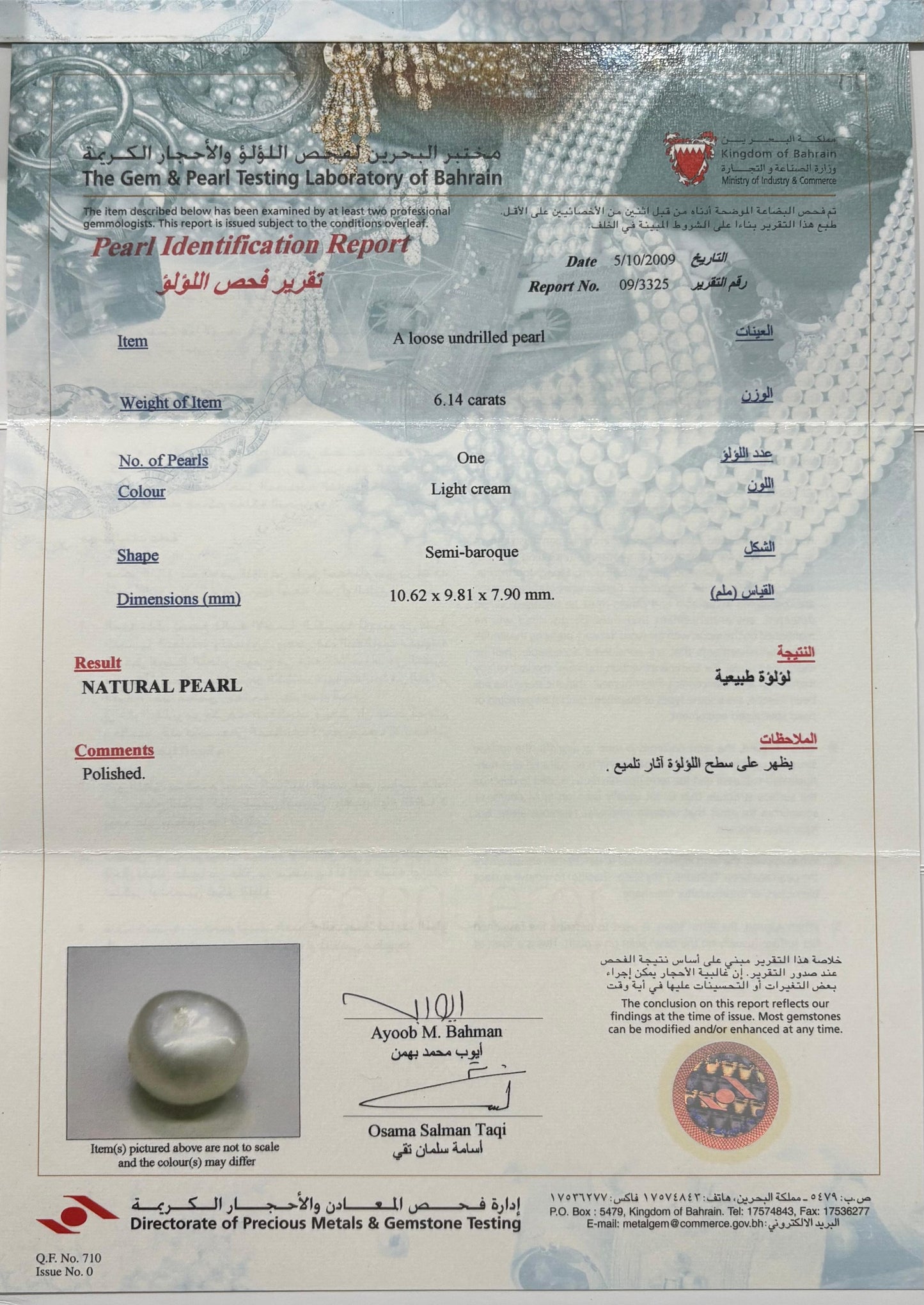 Real Natural Pearl 6.14 Carat Bahrain Lab Certified 09/3325