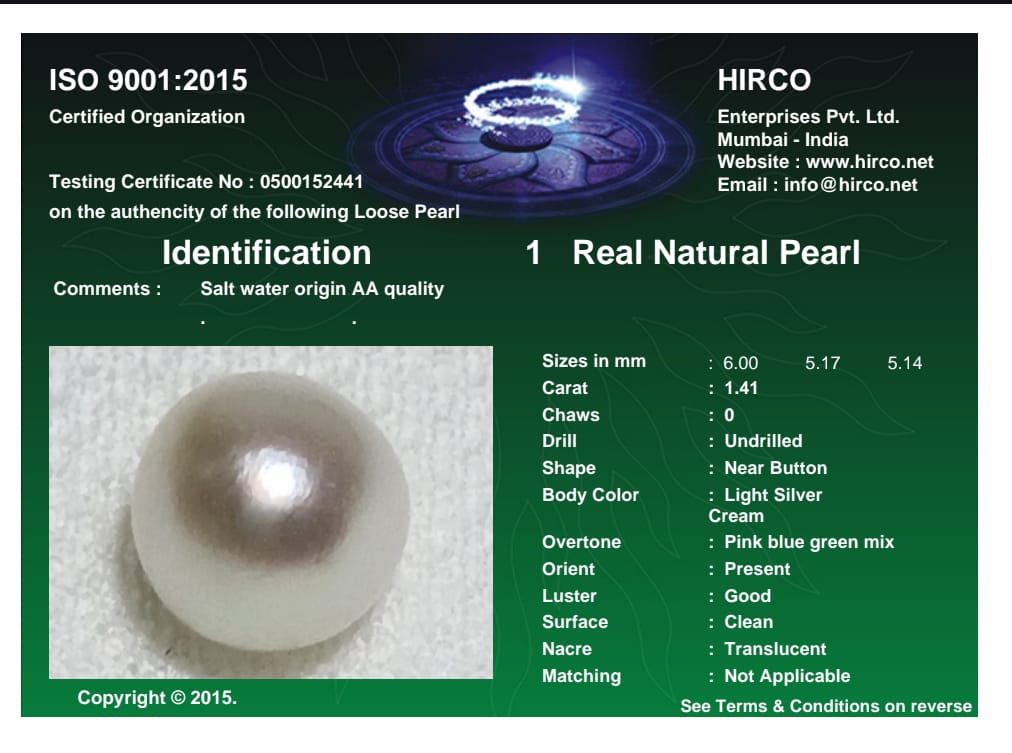 Real Natural Pearl 1.41 Carat Danat Lab Certified 133809/ Hirco Certificate No: 0500152441
