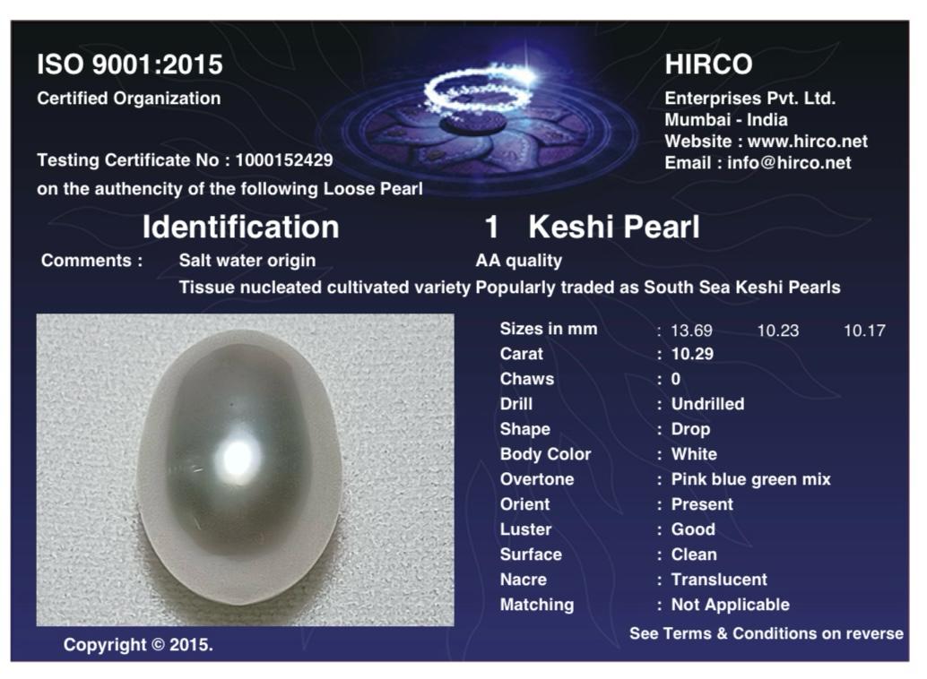 Keshi Pearl 10.29 Carat Saltwater Origin Hirco Lab Certified 1000152429