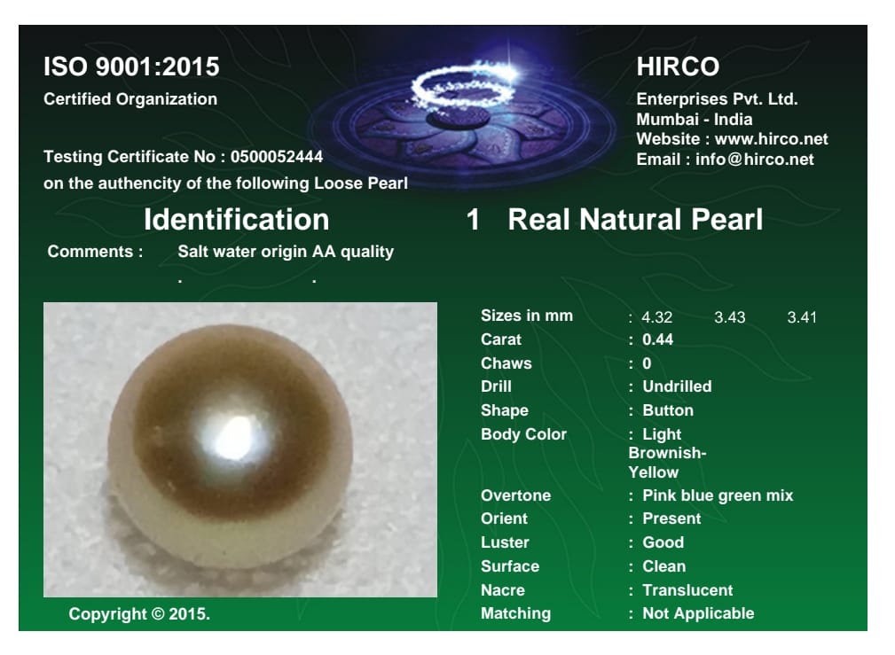 Real Natural Pearl 0.44 Carat Danat Lab Certified 133984/ Hirco Certificate No: 0500052444