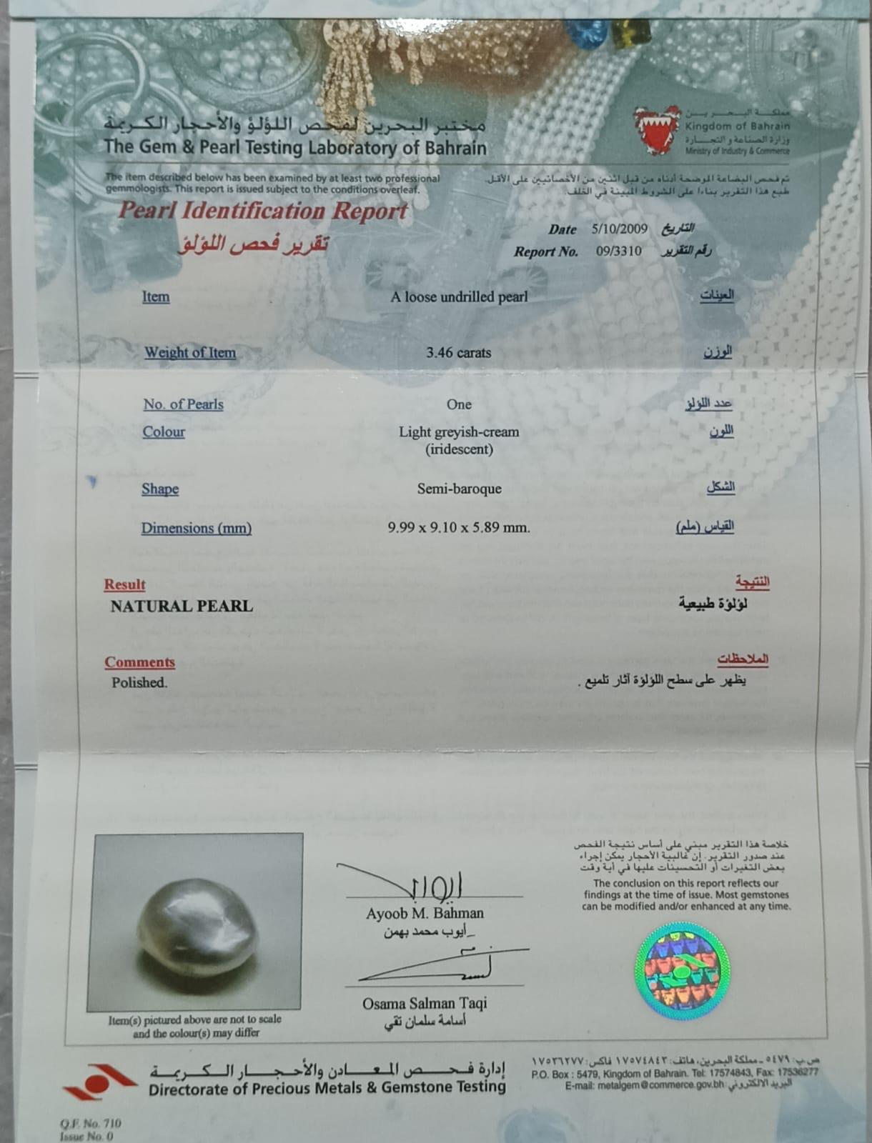 Real Natural Pearl 3.46 Carat Bahrain Lab Certified 09/3310