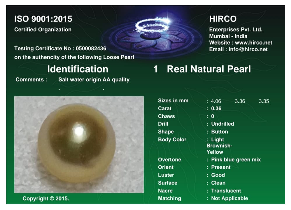 Real Natural Pearl 0.36 Carat Danat Lab Certified 133978/ Hirco Certificate No: 0500082436