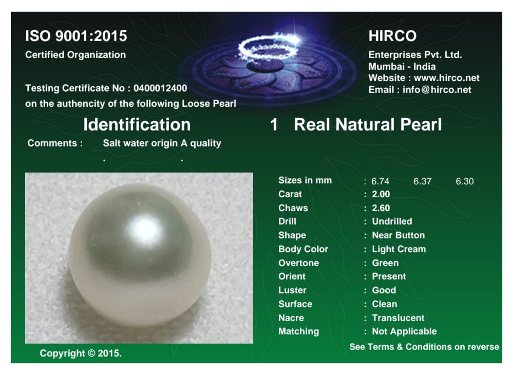 Real Natural Pearl 2.00 Carat Danat Lab Certified 134020/ Hirco Certificate No: 0400012400