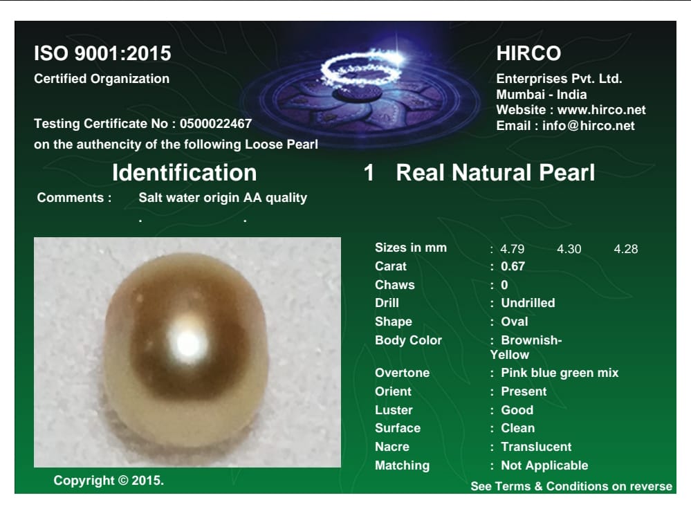 Real Natural Pearl 0.67 Carat Danat Lab Certified 133974/ Hirco Certificate No: 0500022467