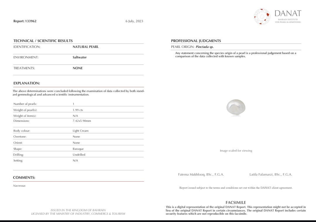 Real Natural Pearl 1.99 Carat Danat Lab Certified 133962/ Hirco Certificate No: 0400242499