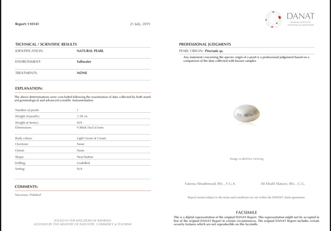 Real Natural Pearl 3.58 Carat Danat Lab Certified 110141/ Hirco Certificate No: 0300042358
