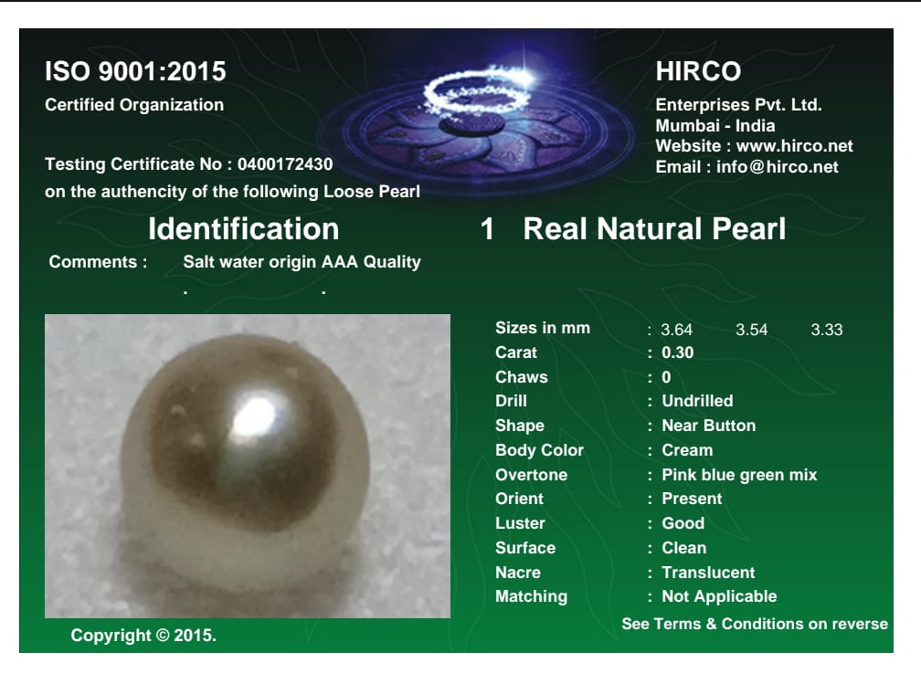 Real Natural Pearl 0.30 Carat Danat Lab Certified 133964/ Hirco Certificate No: 0400172430