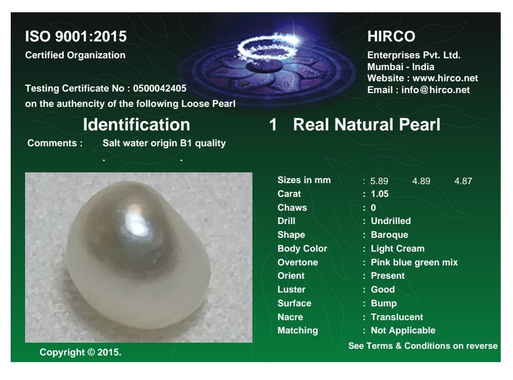Real Natural Pearl 1.05 Carat Danat Lab Certified 133898/ Hirco Certificate No: 0500042405