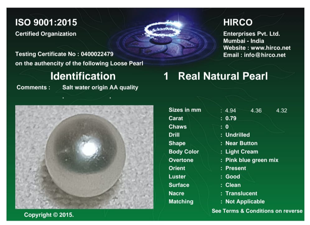 Real Natural Pearl 0.79 Carat Danat Lab Certified 133792/ Hirco Certificate No: 0400022479