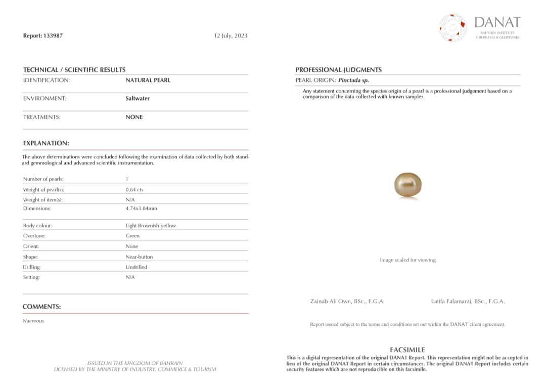 Real Natural Pearl 0.64 Carat Danat Lab Certified 133987/ Hirco Certificate No: 0400012464
