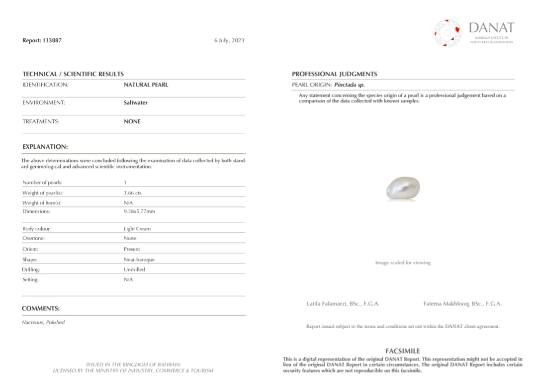 Real Natural Pearl 3.66 Carat Danat Lab Certified 133887 Hirco Certificate No: 0400052466