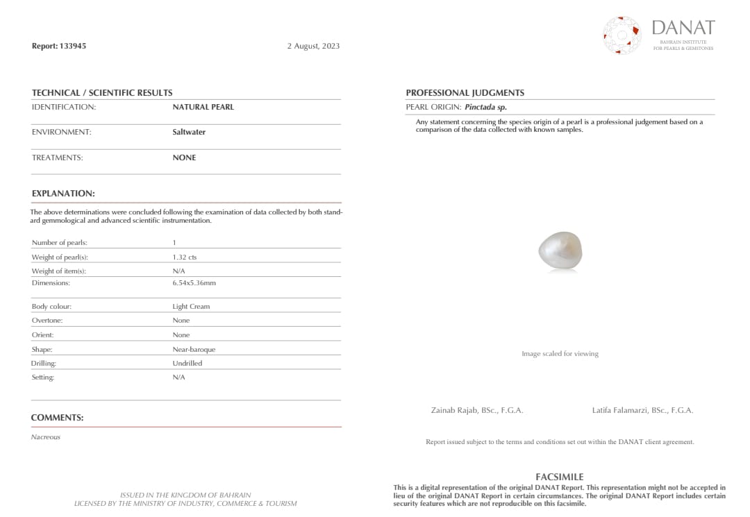 Real Natural Pearl 1.32 Carat Danat Lab Certified 133945/ Hirco Certificate No: 0500032432