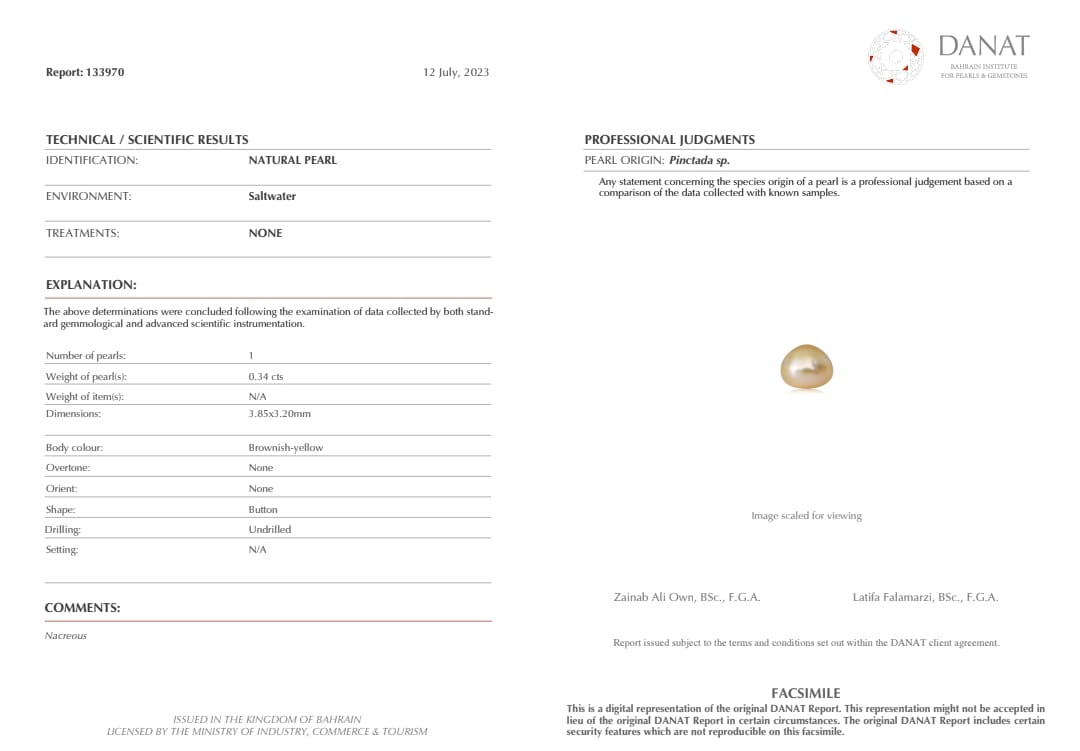 Real Natural Pearl 0.34 Carat Danat Lab Certified 133970/ Hirco Certificate No: 0500092434