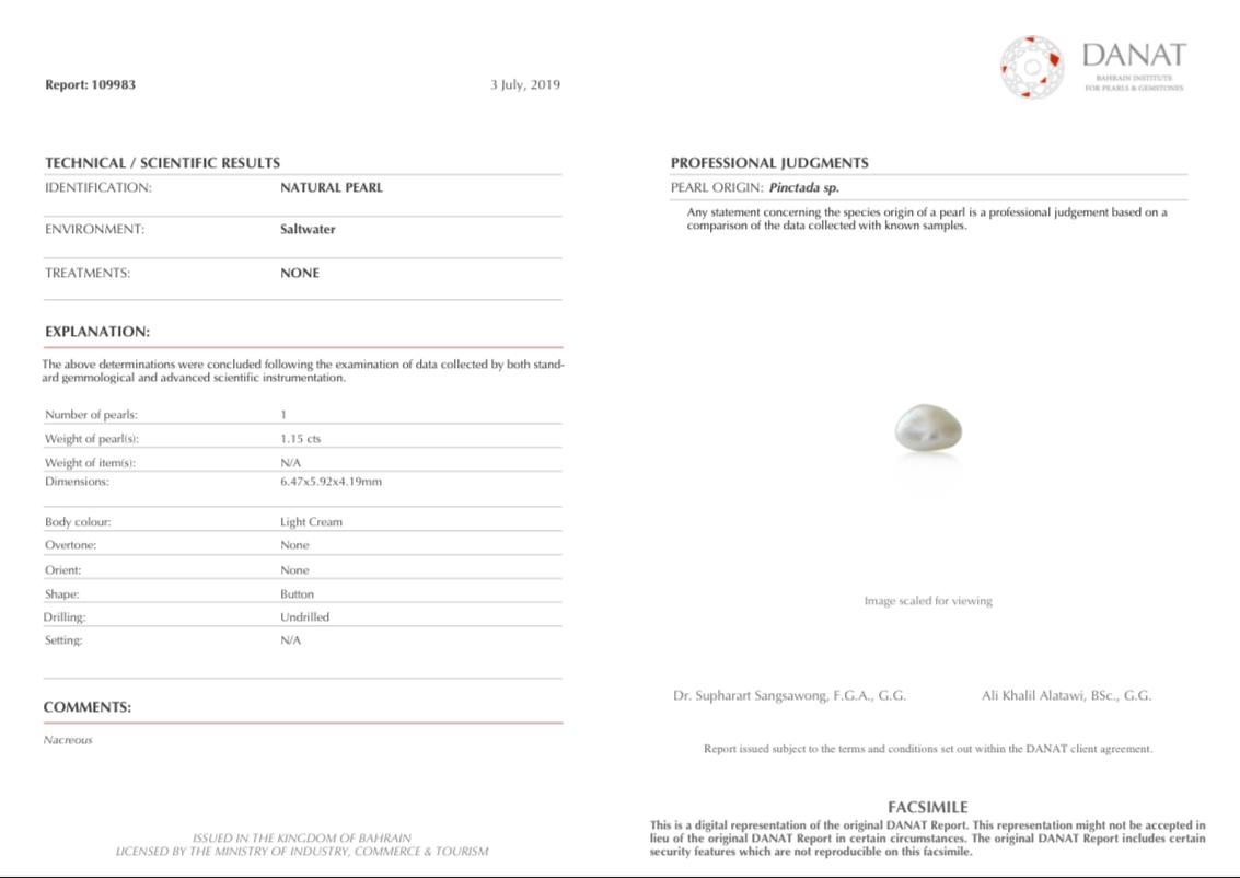 Real Natural Pearl 1.15 Carat Danat Lab Certified 109983