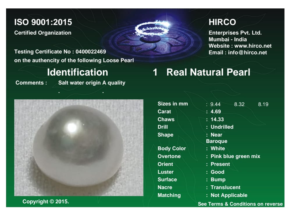 Real Natural Pearl 4.69 Carat Danat Lab Certified 133902/ Hirco Certificate No: 0400022469