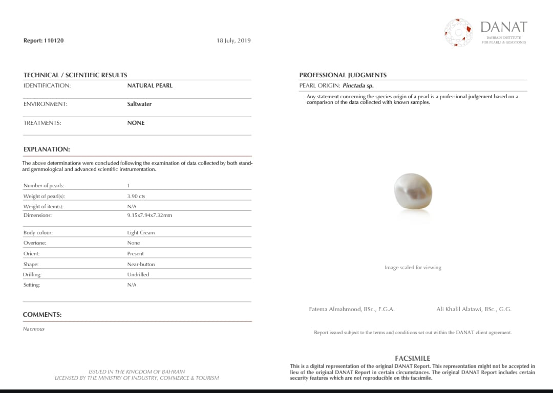 Real Natural Pearl 3.90 Carat Danat Lab Certified 110120/ Hirco Certificate No: 0500012290