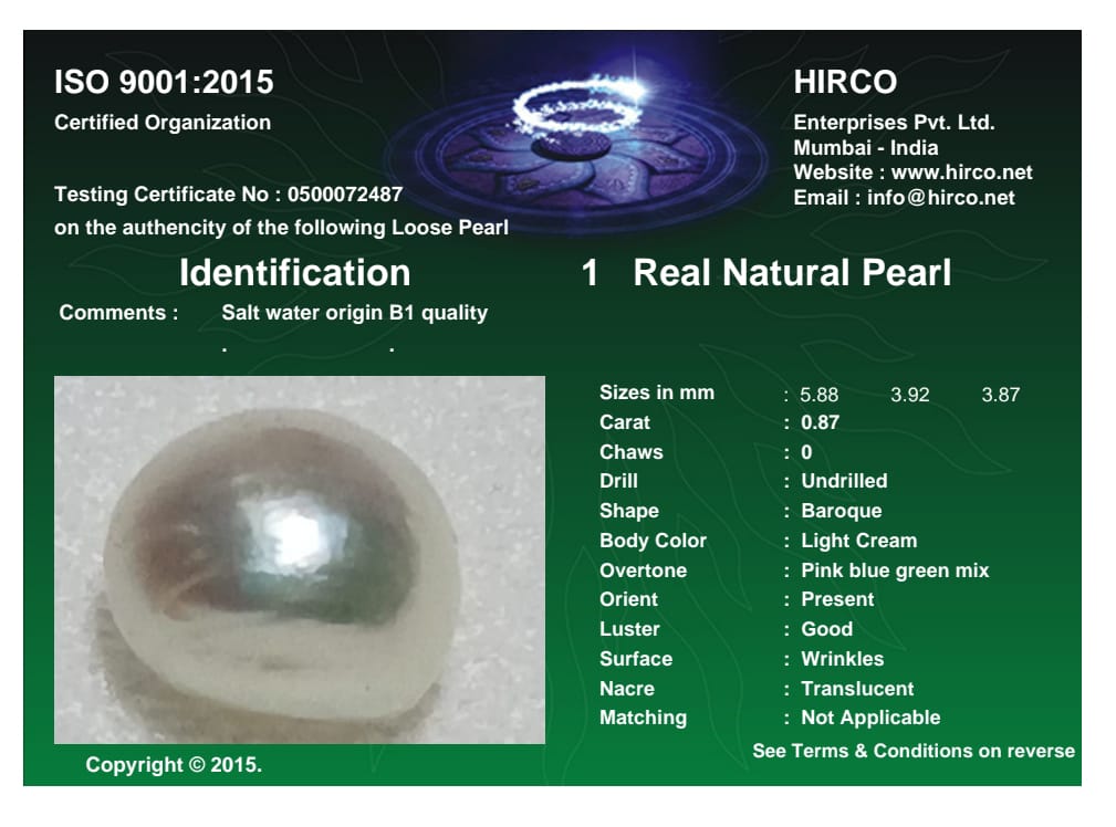 Real Natural Pearl 0.87 Carat Danat Lab Certified 133880/ Hirco Certificate No: 0500072487