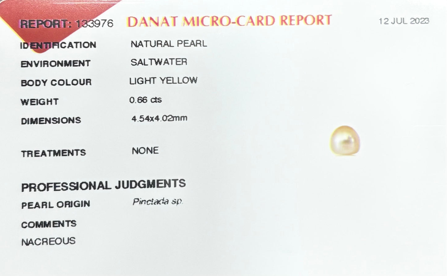 Real Natural Pearl 0.66 Carat Danat Lab Certified 133976/ Hirco Certificate No: 0400042466