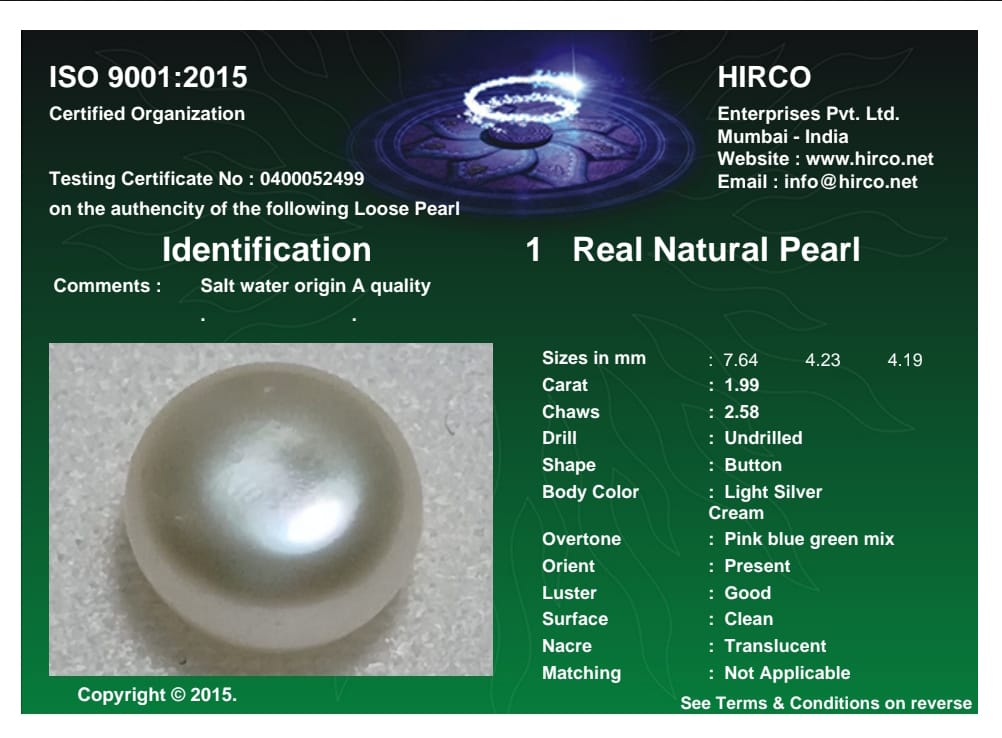 Real Natural Pearl 1.99 Carat Danat Lab Certified 133959/ Hirco Certificate No: 0400052499