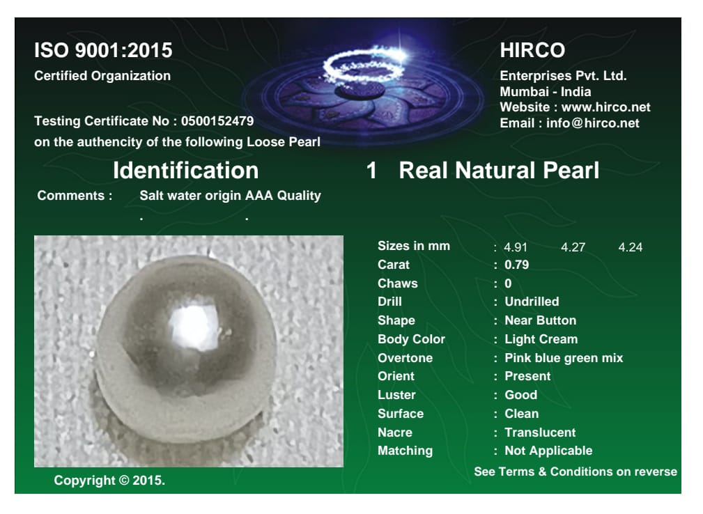 Real Natural Pearl 0.79 Carat Danat Lab Certified 133861/ Hirco Certificate No: 0500152479