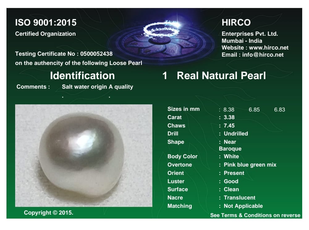 Real Natural Pearl 3.38 Carat Danat Lab Certified 133876/ Hirco Certificate No: 0500052438