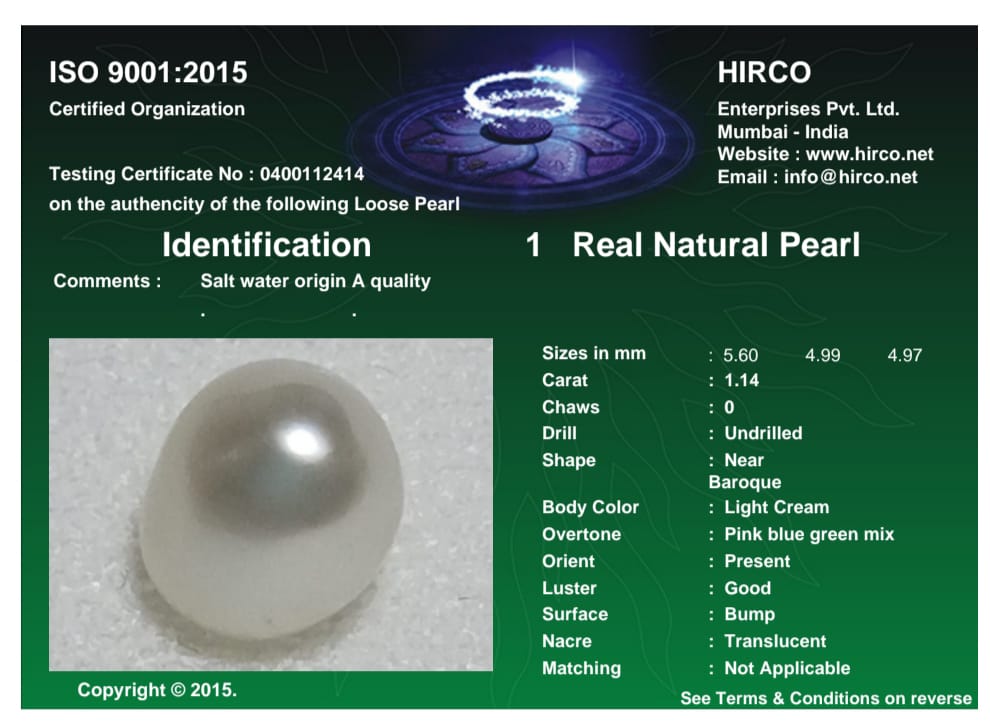 Real Natural Pearl 1.14 Carat Danat Lab Certified 133897/ Hirco Certificate No: 0400112414