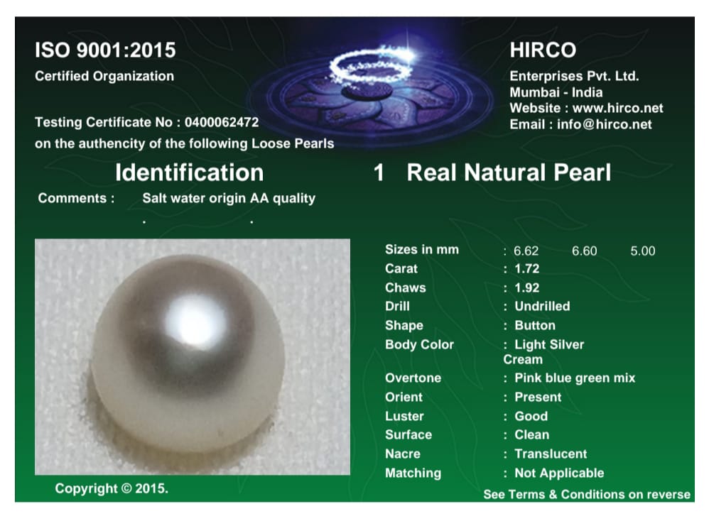 Real Natural Pearl 1.72 Carat Danat Lab Certified 134004/ Hirco Certificate No: 0400062472