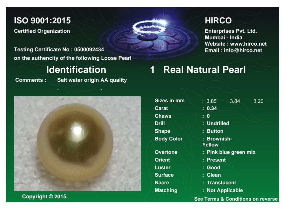Real Natural Pearl 0.34 Carat Danat Lab Certified 133970/ Hirco Certificate No: 0500092434