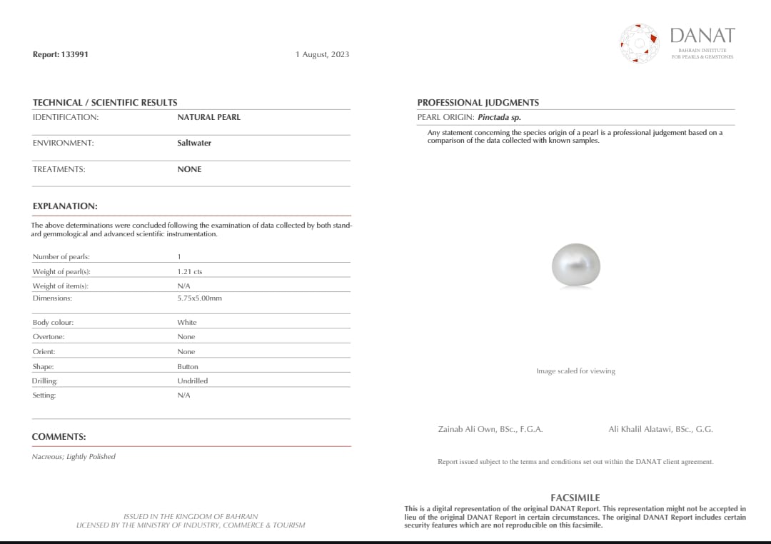 Real Natural Pearl 1.21 Carat Danat Lab Certified 133991/ Hirco Certificate No: 0500132421
