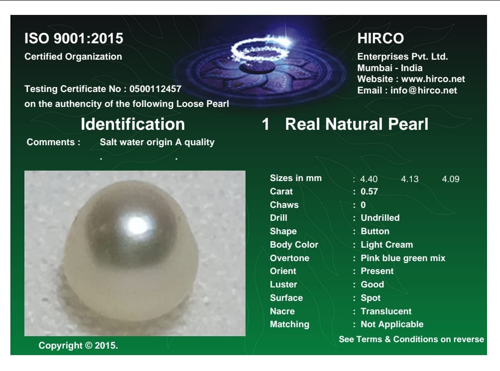 Real Natural Pearl 0.57 Carat Danat Lab Certified 133990/ Hirco Certificate No: 0500112457