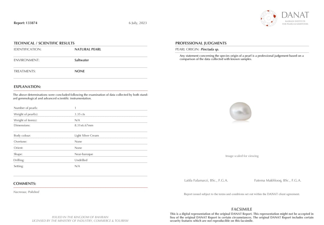 Real Natural Pearl 3.35 Carat Danat Lab Certified 133874 Hirco Certificate No: 0400072435