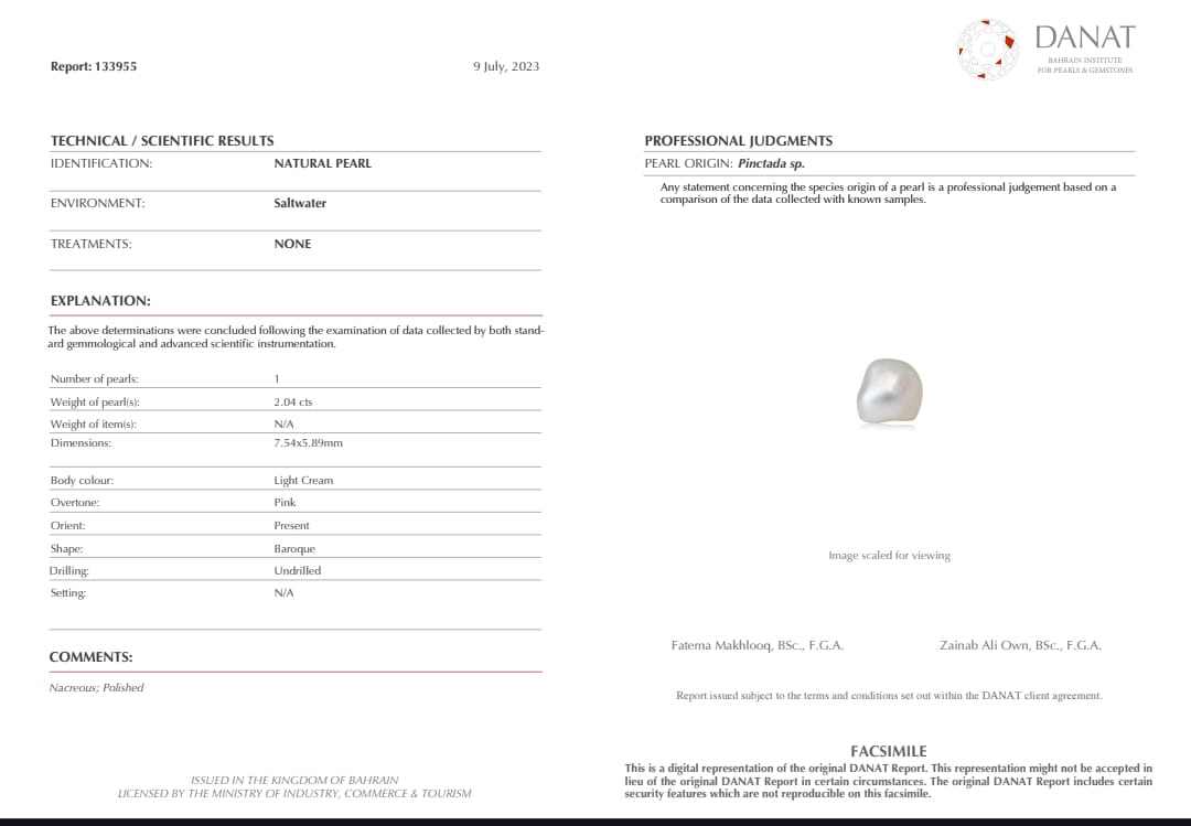 Real Natural Pearl 2.04 Carat Danat Lab Certified 133955/ Hirco Certificate No: 0400232404