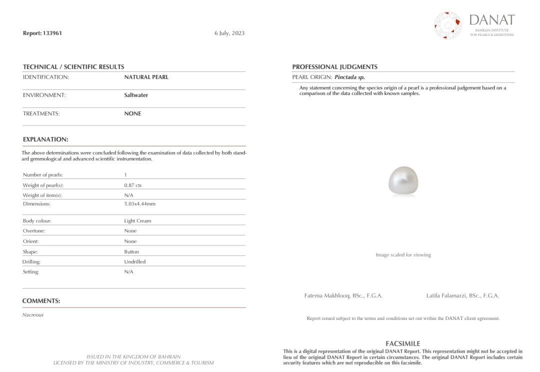 Real Natural Pearl  0.87 Carat Danat Lab Certified 133961/ Hirco Certificate No: 0500122487
