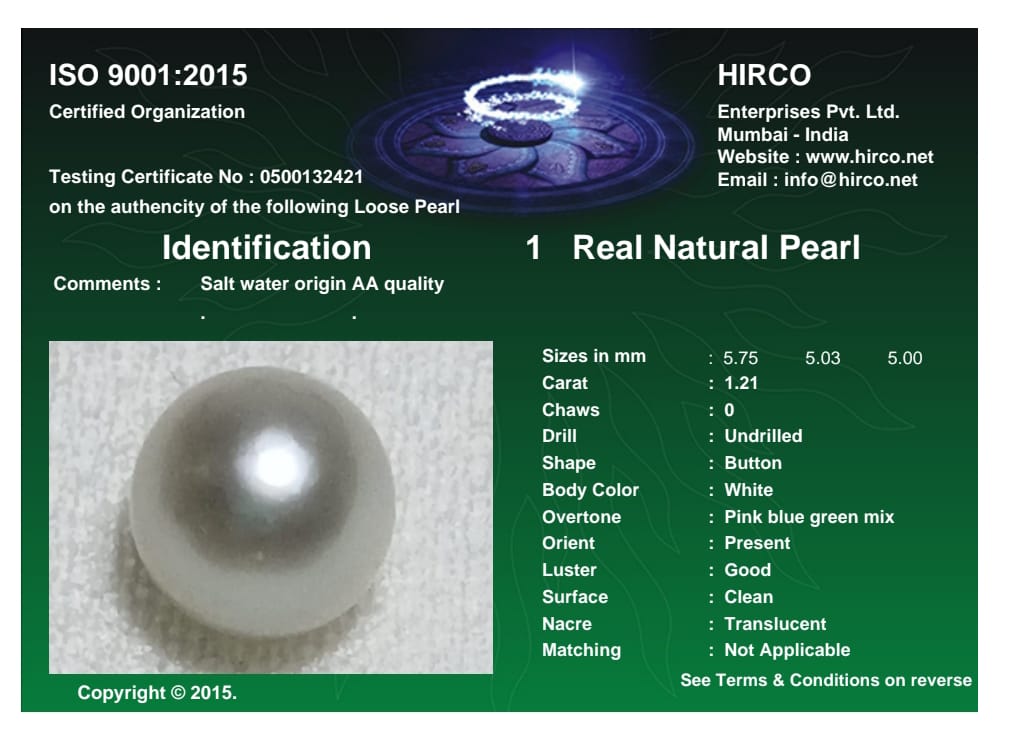 Real Natural Pearl 1.21 Carat Danat Lab Certified 133991/ Hirco Certificate No: 0500132421