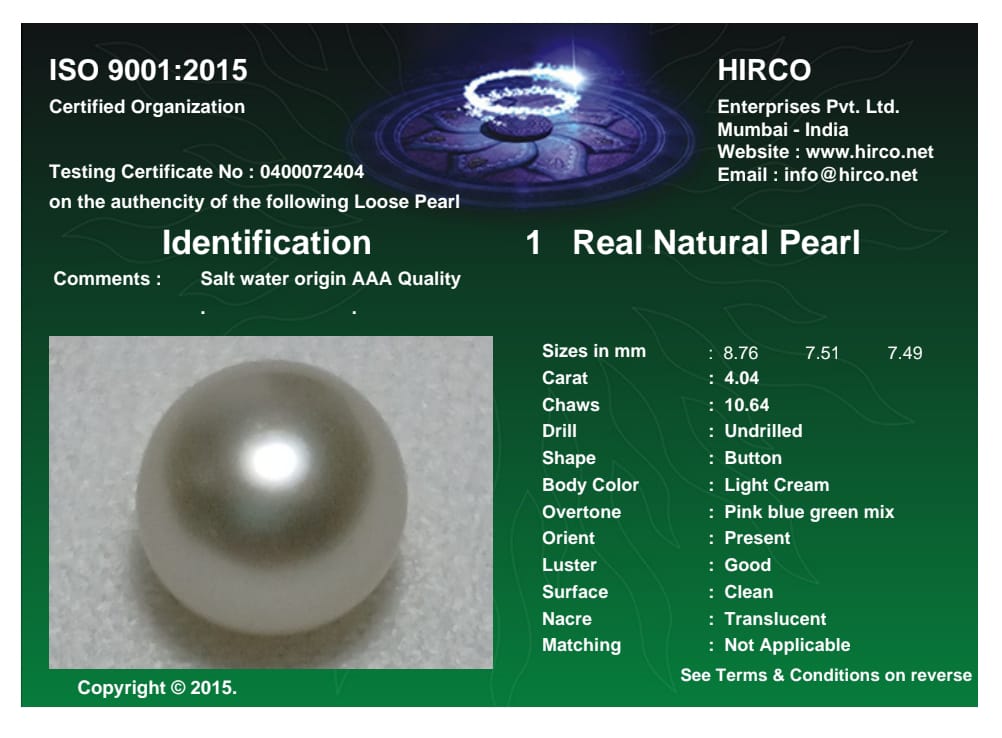Real Natural Pearl 4.04 Carat Danat Lab Certified 134017/ Hirco Certificate No: 0400072404