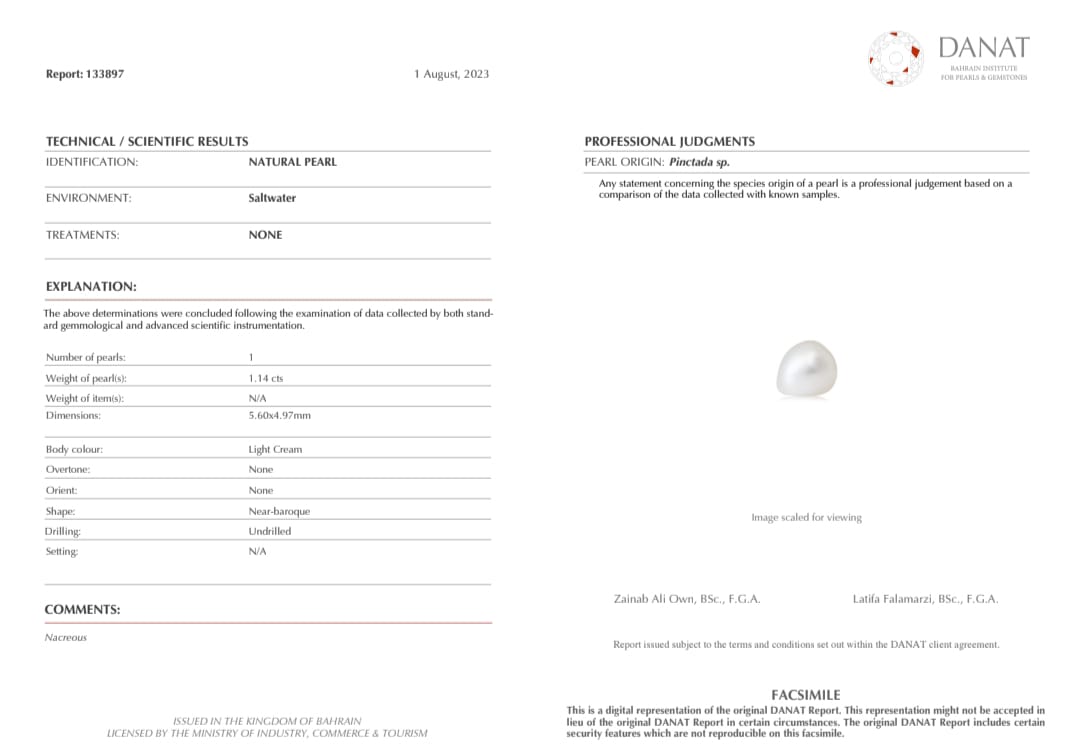 Real Natural Pearl 1.14 Carat Danat Lab Certified 133897/ Hirco Certificate No: 0400112414