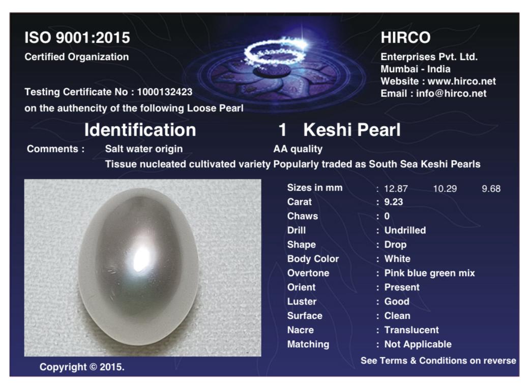 Keshi Pearl 9.23 Carat Saltwater Origin Hirco Lab Certified 1000132423