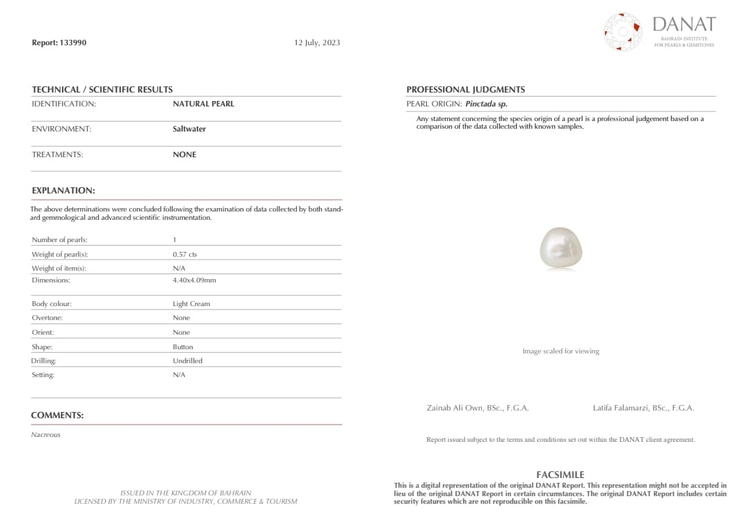 Real Natural Pearl 0.57 Carat Danat Lab Certified 133990/ Hirco Certificate No: 0500112457