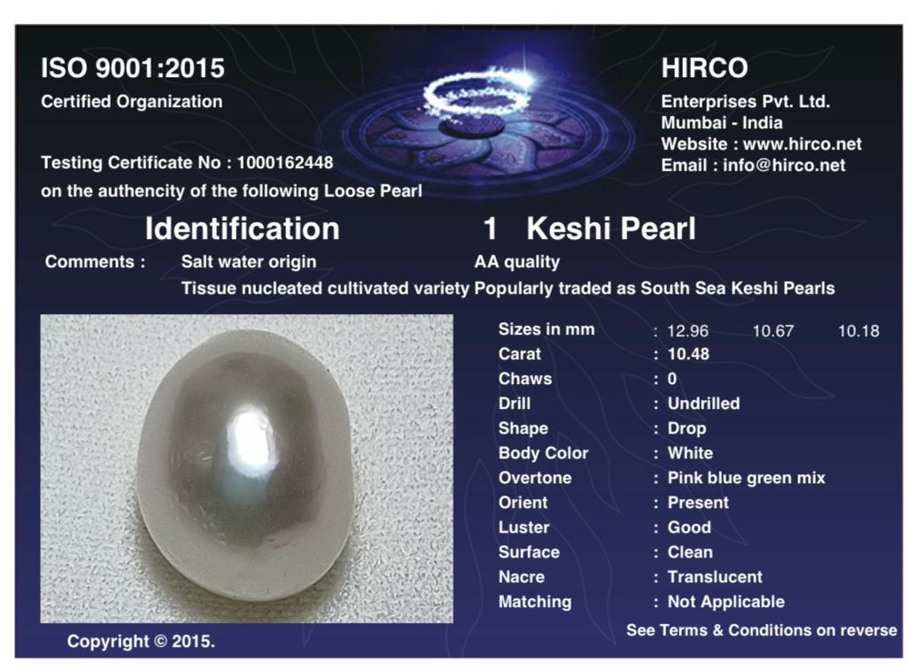 Keshi Pearl 10.48 Carat Saltwater Origin Hirco Lab Certified 1000162448
