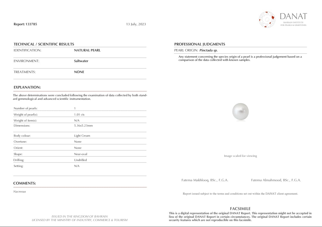 Real Natural Pearl 1.01 Carat Danat Lab Certified 133785 / Hirco Certificate No: 0400092401