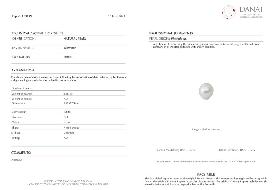 Real Natural Pearl 3.48 Carat Danat Lab Certified 133799/ Hirco Certificate No: 0500042448