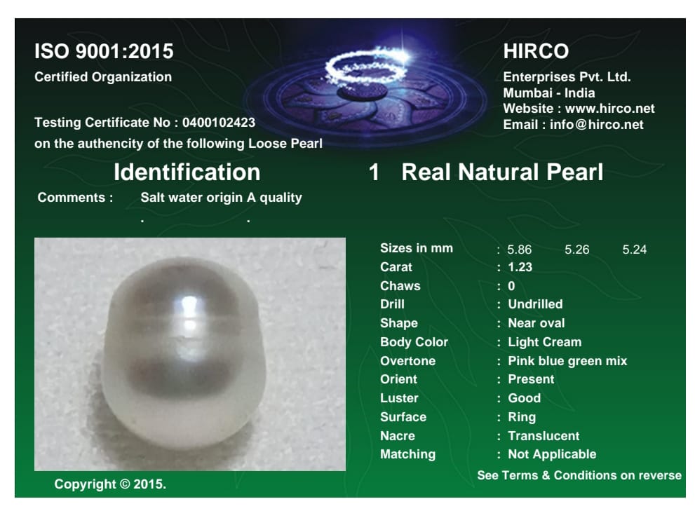 Real Natural Pearl 1.23 Carat Danat Lab Certified 133793/ Hirco Certificate No: 0400102423