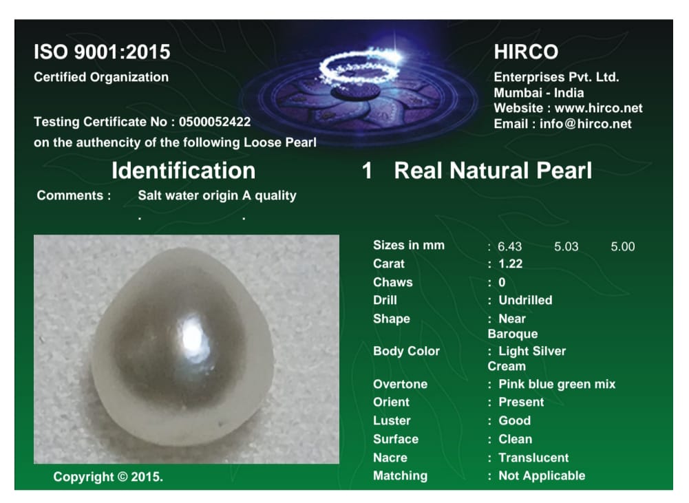 Real Natural Pearl 1.22 Carat Danat Lab Certified 133943/ Hirco Certificate No: 0500052422
